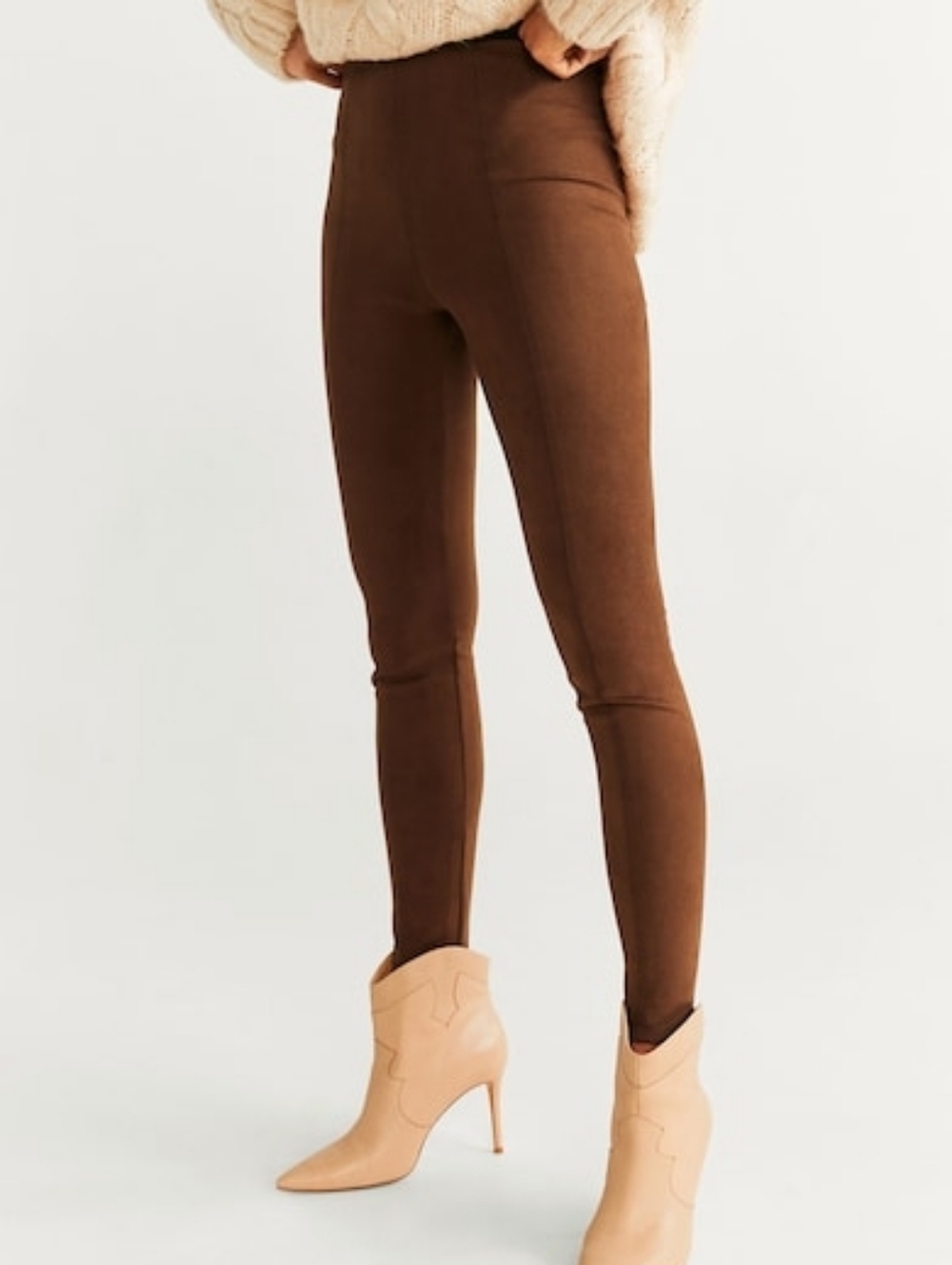 MNG Mango High-Waist Caramel Brown Faux Suede Ponte Leggings M